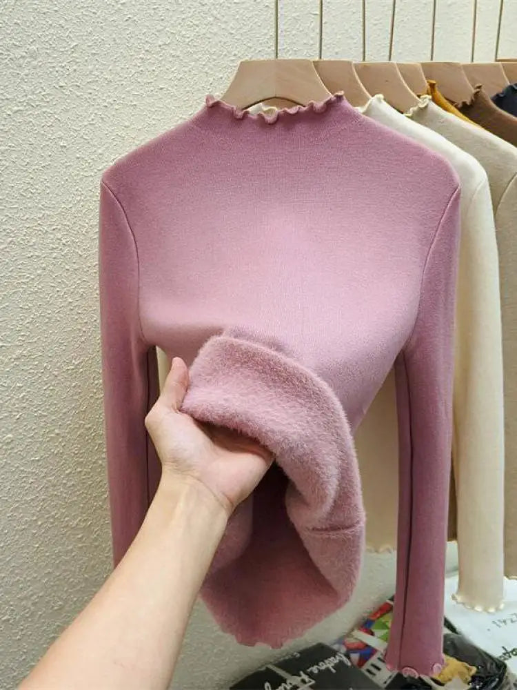 Autumn Winter Korean Solid Half Height Collar Velvet Knit Sweater Women Fashion Warm Long Sleeve Festival Pullovers Tops Casual