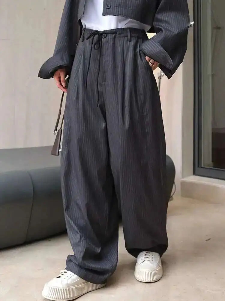 High Waist Gray Striped Drawstring Long Wide Leg Casual Pants New Trousers Women Fashion Tide Spring Autumn 2025 1DH6403