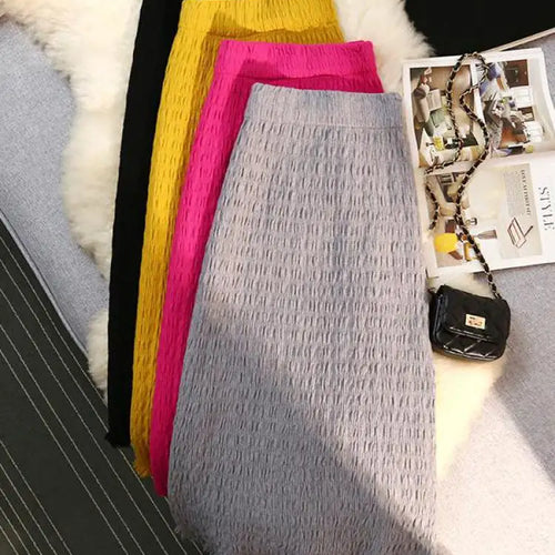 Load image into Gallery viewer, Women Solid Straight Slim Knitted Midi Skirt 2023 Autumn Winter Vintage Elegant Elastic High Waist Tassel Wrap Hip Skirts Female
