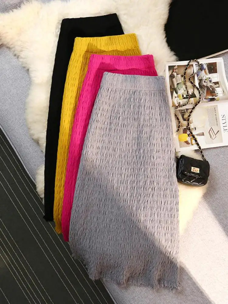 Women Solid Straight Slim Knitted Midi Skirt 2023 Autumn Winter Vintage Elegant Elastic High Waist Tassel Wrap Hip Skirts Female