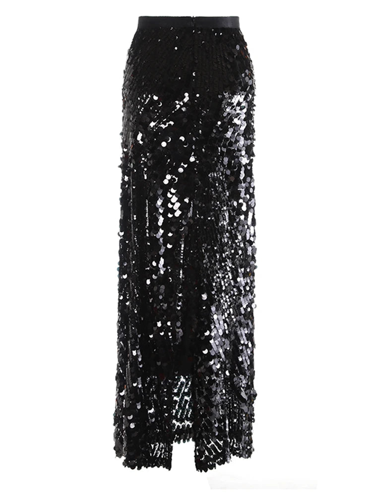 High Elastic Waist Black Sequins Back Slit Elegant Half-body Skirt Women Fashion Tide New Spring Autumn 2025 1DJ1138