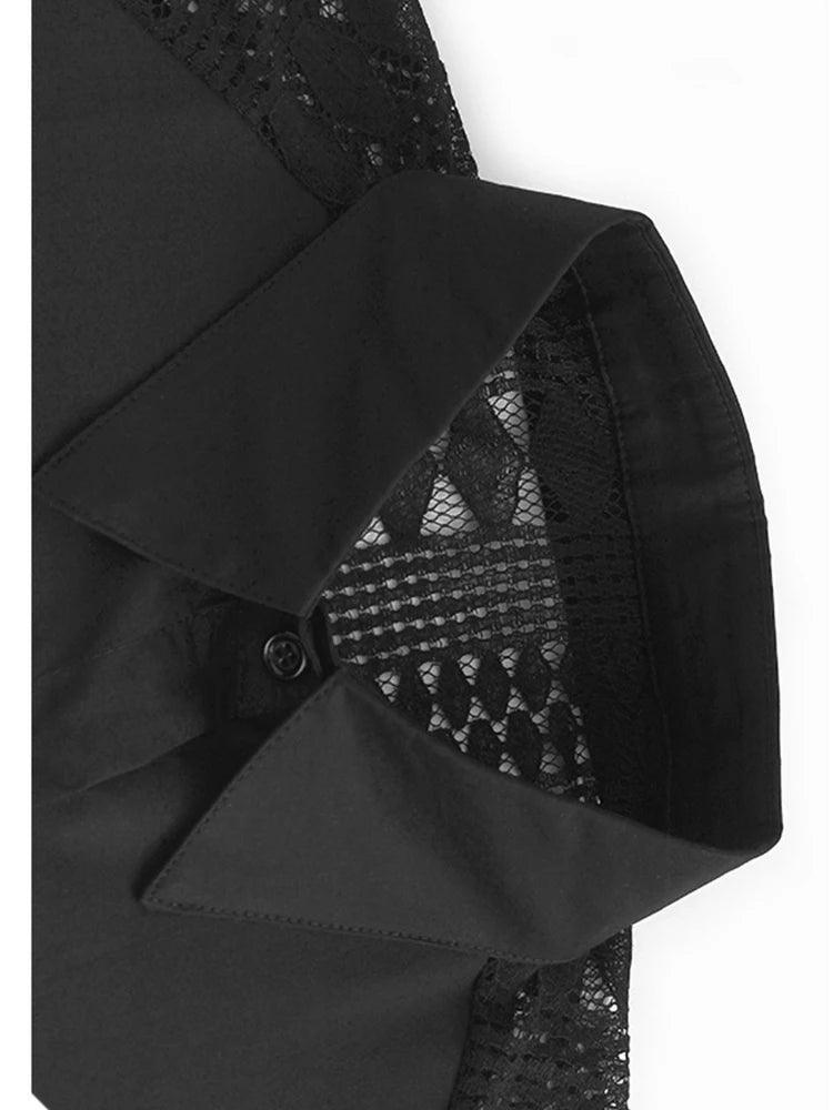 Women Black Lace Hollow Out Big Size Elegant Blouse New Lapel Half Sleeve Shirt Fashion Tide Spring Summer 2025 1DJ1110