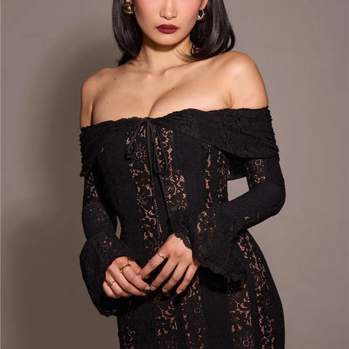 Load image into Gallery viewer, Lace Off-shoulder Sexy Maxi Dress Women Strapless Backless Long Sleeve Bodycon Evening Club Party Long Dress Elegant
