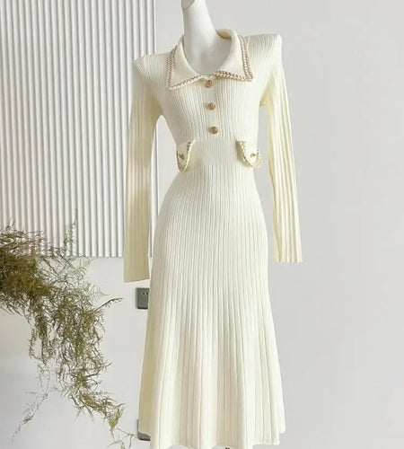 Korean Fashion Women's Autumn Winter Solid Single Breasted Elegant Slim Knitted Sweater Dress New Long Sleeved Temperament Dress