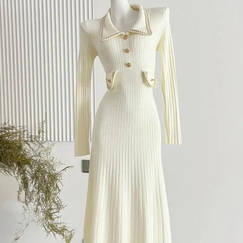 Load image into Gallery viewer, Korean Fashion Women's Autumn Winter Solid Single Breasted Elegant Slim Knitted Sweater Dress New Long Sleeved Temperament Dress
