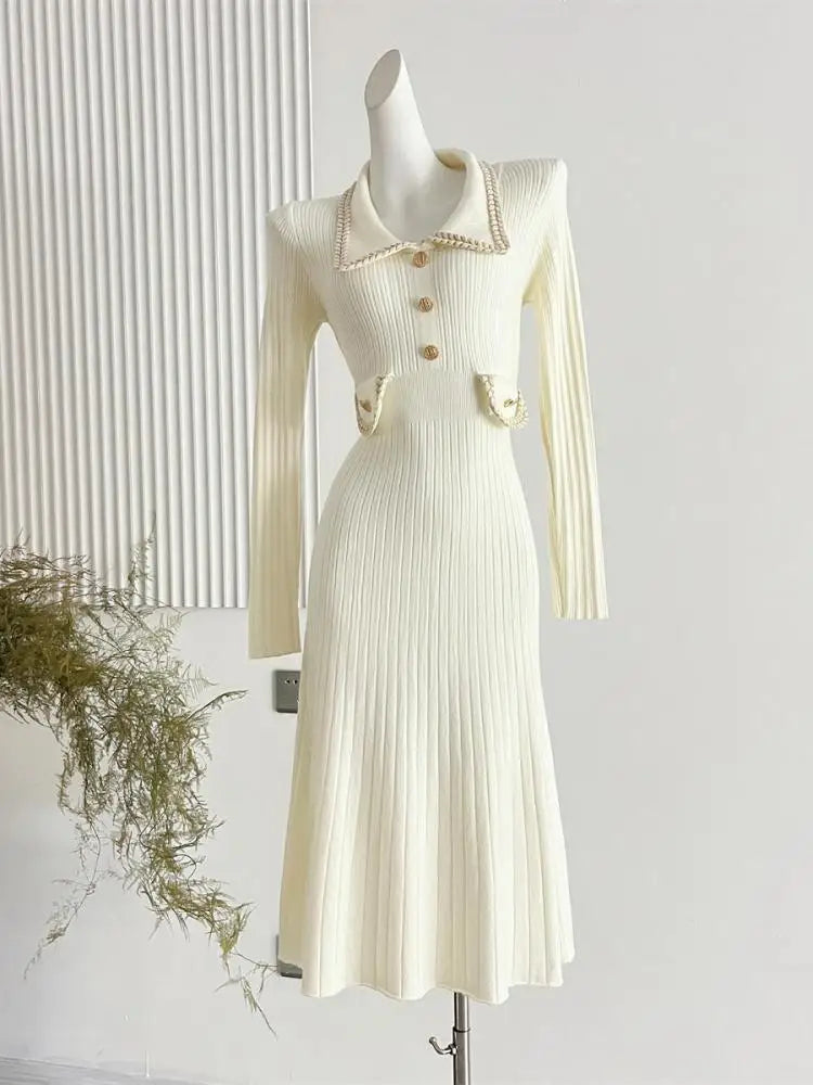 Korean Fashion Women's Autumn Winter Solid Single Breasted Elegant Slim Knitted Sweater Dress New Long Sleeved Temperament Dress