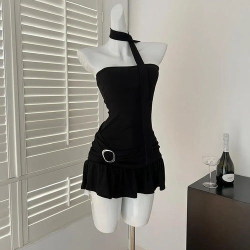 Load image into Gallery viewer, Black Elegant Sexy Club Pleated A-line Short Dress Women's Summer New Brown Sleeveless Off Shoulder Ruffled Edge Strapless Dress
