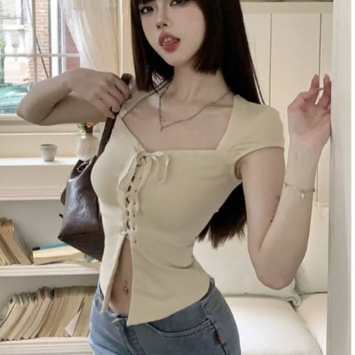 Load image into Gallery viewer, Bandage Short Sleeve Slim T-shirts Y2k Aesthetic Basic Sexy Split Cropped Top Women Fashion Streetwear Fairy Solid Harajuku Tees
