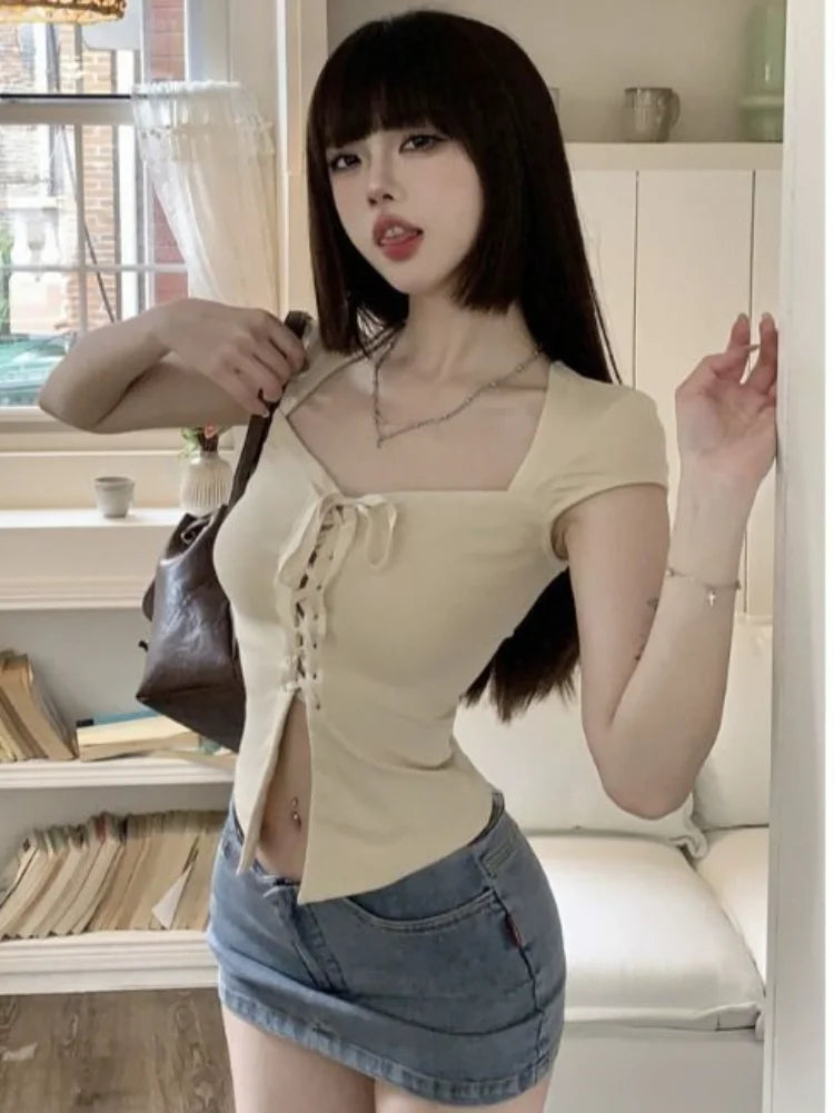 Bandage Short Sleeve Slim T-shirts Y2k Aesthetic Basic Sexy Split Cropped Top Women Fashion Streetwear Fairy Solid Harajuku Tees