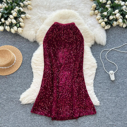 Load image into Gallery viewer, Korean Fashion Spring Black White Elegant Sequin Half Skirt Women Red Grey High Waist New Office Lady Wrapped Hip Fishtail Skirt
