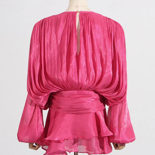 Load image into Gallery viewer, Solid Spliced Lace Up Mini Dresses For Women O Neck Long Sleeve High Waist Designer Dress Female Fashion Style New
