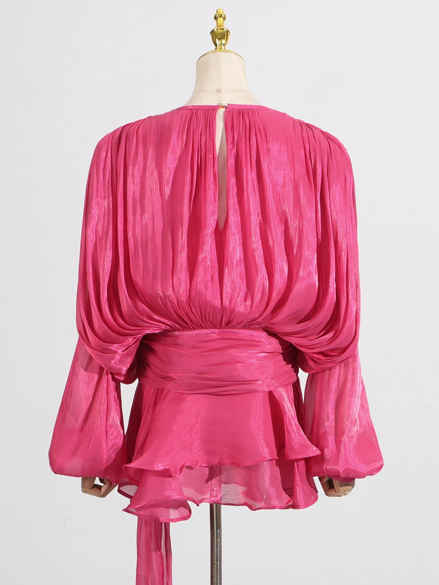 Solid Spliced Lace Up Mini Dresses For Women O Neck Long Sleeve High Waist Designer Dress Female Fashion Style New