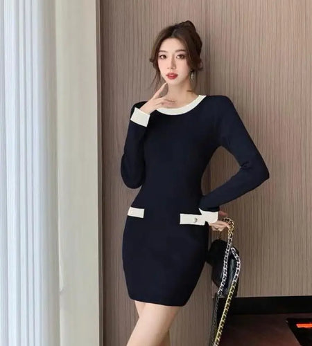 Retro Fashion Sexy Black Patchwork Wrap Hip Bodycon Short Dress Autumn Winter Gray Office Lady O-neck Knitted Party Mini Dresses