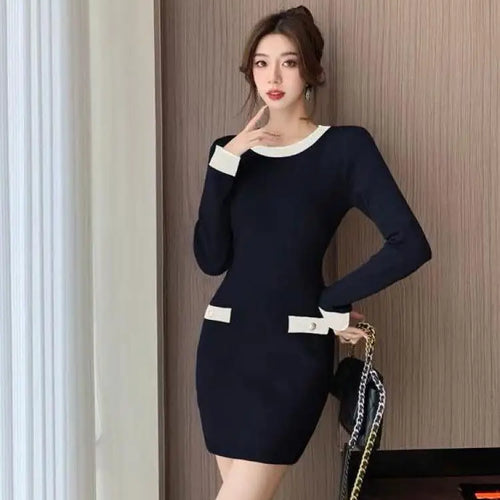 Load image into Gallery viewer, Retro Fashion Sexy Black Patchwork Wrap Hip Bodycon Short Dress Autumn Winter Gray Office Lady O-neck Knitted Party Mini Dresses
