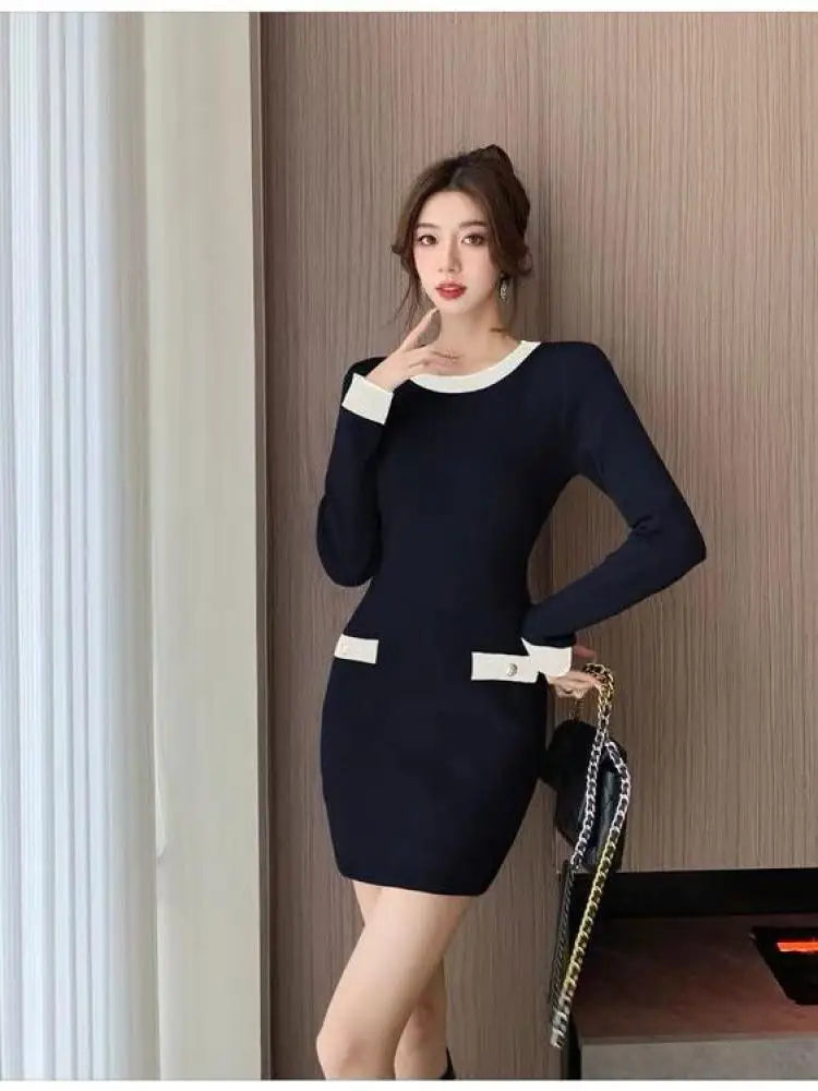 Retro Fashion Sexy Black Patchwork Wrap Hip Bodycon Short Dress Autumn Winter Gray Office Lady O-neck Knitted Party Mini Dresses
