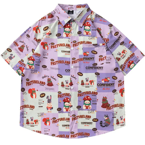 Load image into Gallery viewer, Summer Harajuku Shirts Harajuku Cartoon Graphic Printed Button Up Beach Blouse Streetwear Men Casual Baggy Short Sleeve Tops
