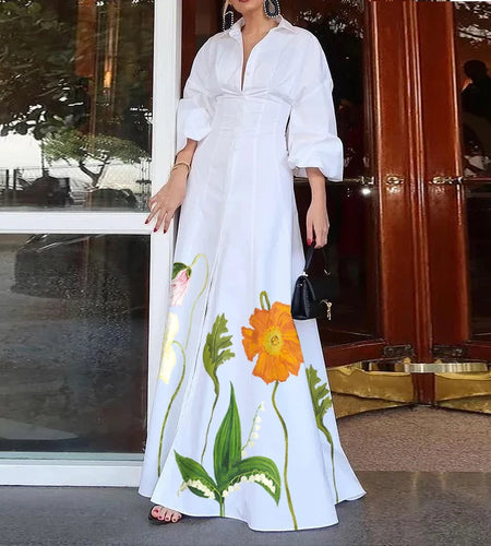 Summer Women's Flower Print Maxi Dress 2025 New Lapel Buttoned Puff Sleeves Birthday Pleats A-line Long Shirt Dress