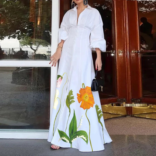 Load image into Gallery viewer, Summer Women&#39;s Flower Print Maxi Dress 2025 New Lapel Buttoned Puff Sleeves Birthday Pleats A-line Long Shirt Dress
