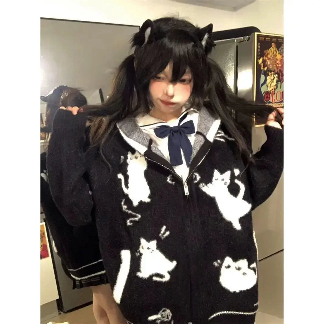Cute Cat Oversized Sweater 2024 Women's Clothing Sueter Mujer Hooded Zipper Knitting Cardigan Jackets Fashion Korean Pull Femme