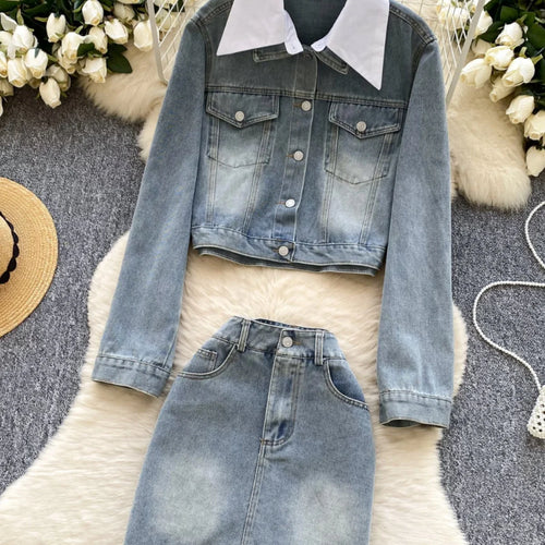 Load image into Gallery viewer, French Vintage Two Piece Set Women Blue Black Denim Patchwork Long Sleeve Single Breasted Tops And High Waist Short Skirt Spring
