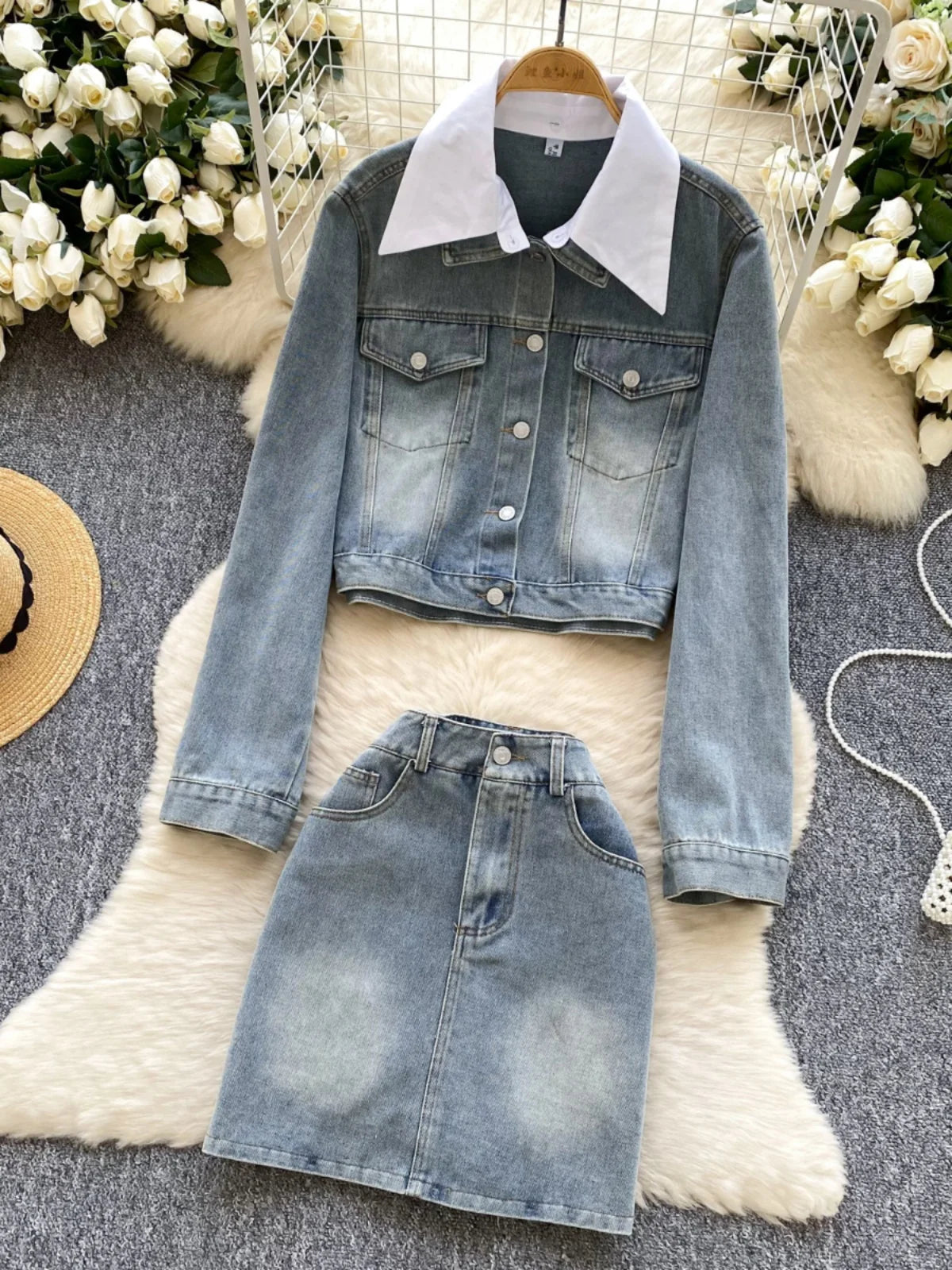 French Vintage Two Piece Set Women Blue Black Denim Patchwork Long Sleeve Single Breasted Tops And High Waist Short Skirt Spring