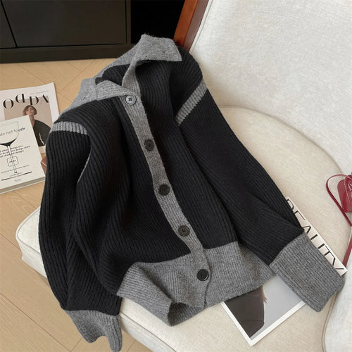 Load image into Gallery viewer, French Vintage 2024 New Women Grey Patchwork Long Sleeved Crochet Sweater Autumn Winter Single Breasted Loose Cardigan Knit Tops
