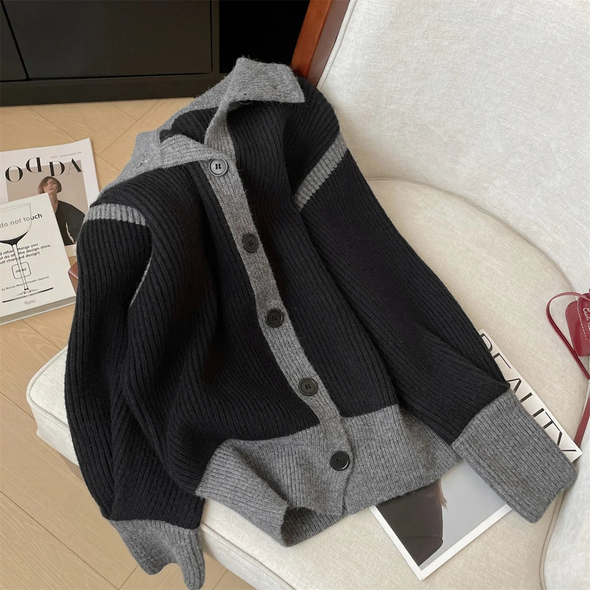 French Vintage 2024 New Women Grey Patchwork Long Sleeved Crochet Sweater Autumn Winter Single Breasted Loose Cardigan Knit Tops