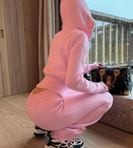 Casual Sporty 2 Piece Set Women Tracksuit Knit Hooded Zip Jacket+Straight Pants Sporty leisure Stretch Matching Streetwear