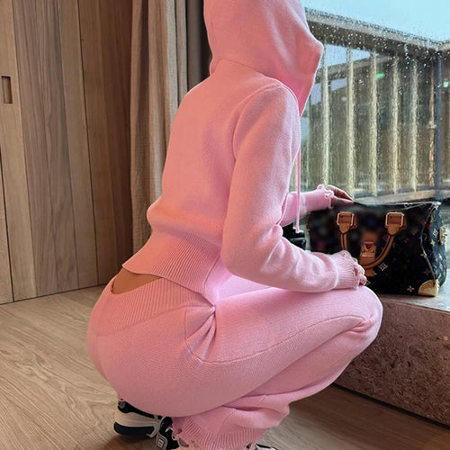 Load image into Gallery viewer, Casual Sporty 2 Piece Set Women Tracksuit Knit Hooded Zip Jacket+Straight Pants Sporty leisure Stretch Matching Streetwear
