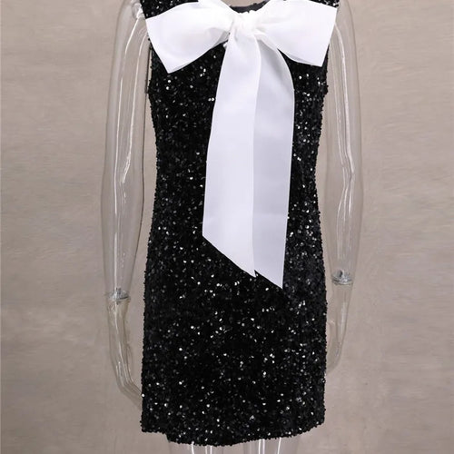 Load image into Gallery viewer, Sequins Backless Bow Sexy Mini Dress For Women Robe 2025 New Sleeveless A-line Sparkle Club Dress Elegant Vestido
