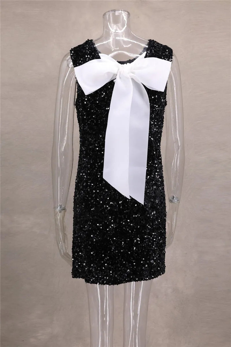 Sequins Backless Bow Sexy Mini Dress For Women Robe 2025 New Sleeveless A-line Sparkle Club Dress Elegant Vestido