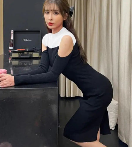 French Women Elegant Patchwork Off Shoulder Split Knit Dress Autumn Office Long Sleeve Slim Ladies Fashion Wrap Hip Dresses Chic