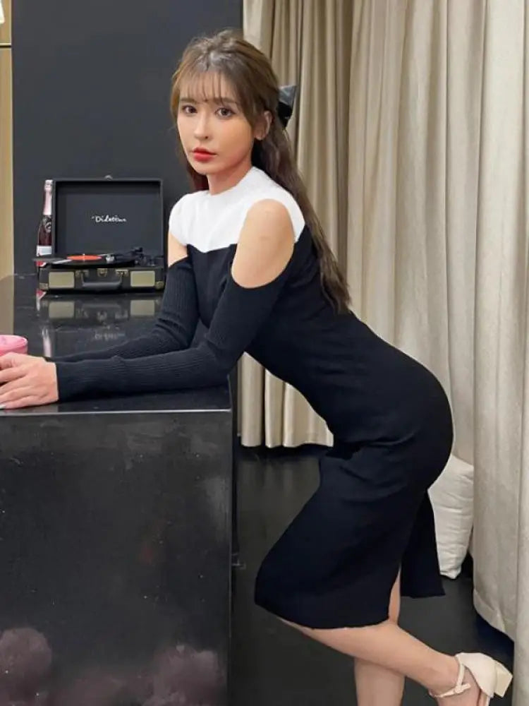 French Women Elegant Patchwork Off Shoulder Split Knit Dress Autumn Office Long Sleeve Slim Ladies Fashion Wrap Hip Dresses Chic