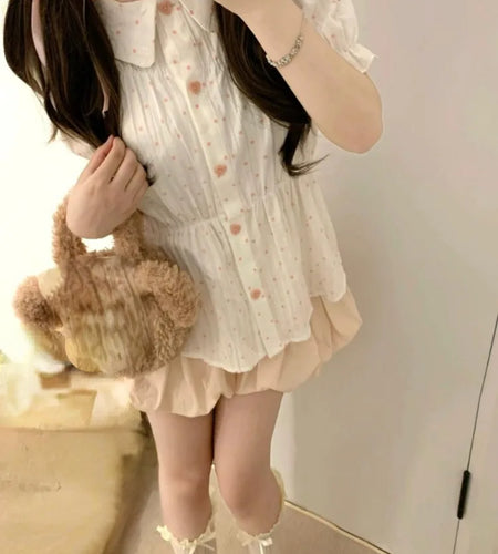 Japanese 2025 Wave Point Loose Women Blouse Vintage Single Breasted Y2k Aesthetic Shirt Harajuku Grunge Peter Pan Collar Blusas