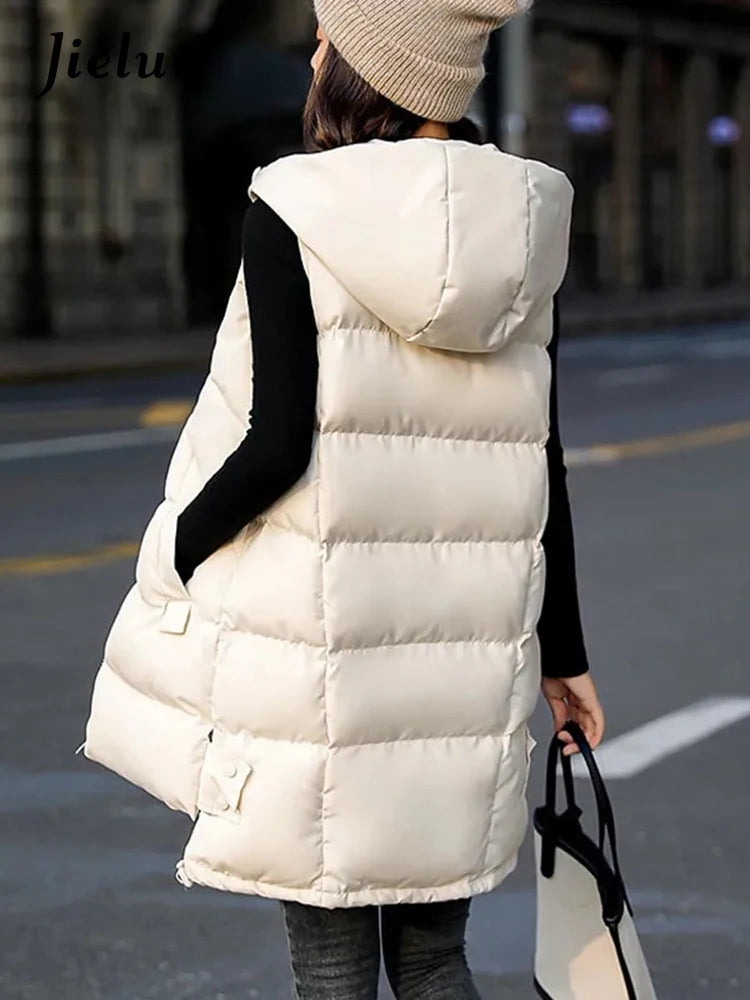 Women's Vest Jacket Down Cotton Vest Winter Jacket Hooded Long Coat Sleeveless Loose Female Waistcoat Snow Wear