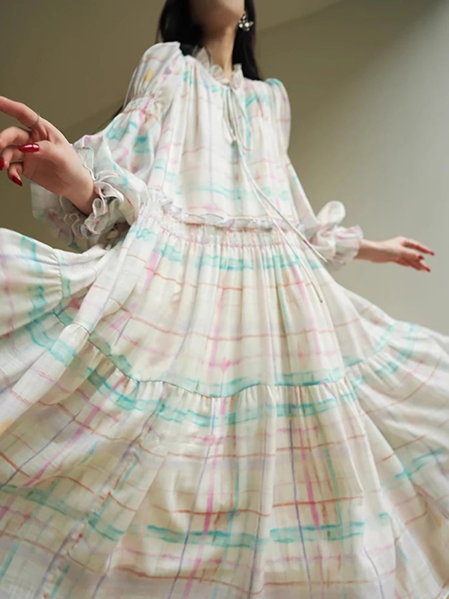 Hit Color Loose Casual Dresses For Women V Neck Long Sleeve High Waist Temperament Dress Female Fashion Style New