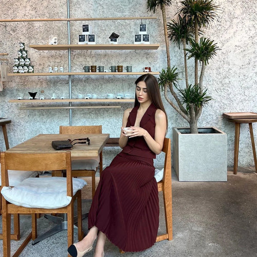 Load image into Gallery viewer, Fashion Skirt Two Piece Sets Women Notched Collar Sleeveless Crop Tops And Midi Skirt Femme Elegant Pleated Skirt Sets
