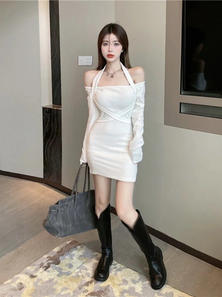 Sexy Halter Off Shoulder Bodycon Mini Dress Women Korean Fashion Bodycon Slim Short Dresses Black Party Outfits