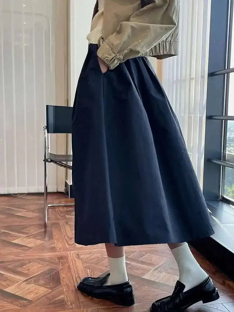 High Elastic Waist Khaki Pleated Causal Half-body Skirt Loose Fit Women Fashion Tide New Spring Autumn 2025 1DH0004