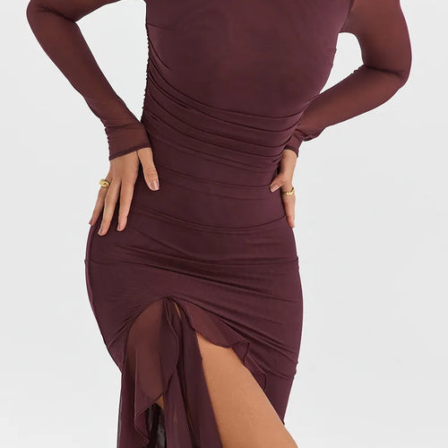 Load image into Gallery viewer, Elegant Ruffle Ruched Midi Dress For Women Robe Sheer Long Sleeve Backless Irregular Club Party Sexy Dress Vestido
