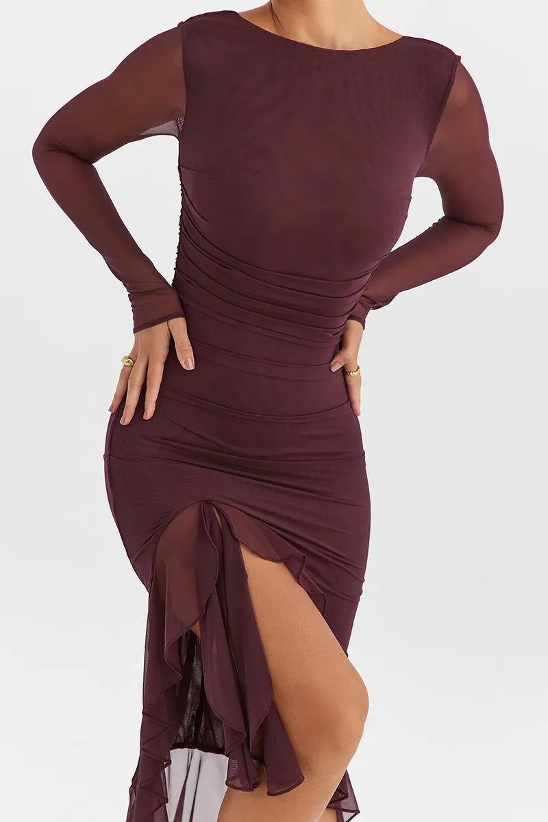 Elegant Ruffle Ruched Midi Dress For Women Robe Sheer Long Sleeve Backless Irregular Club Party Sexy Dress Vestido