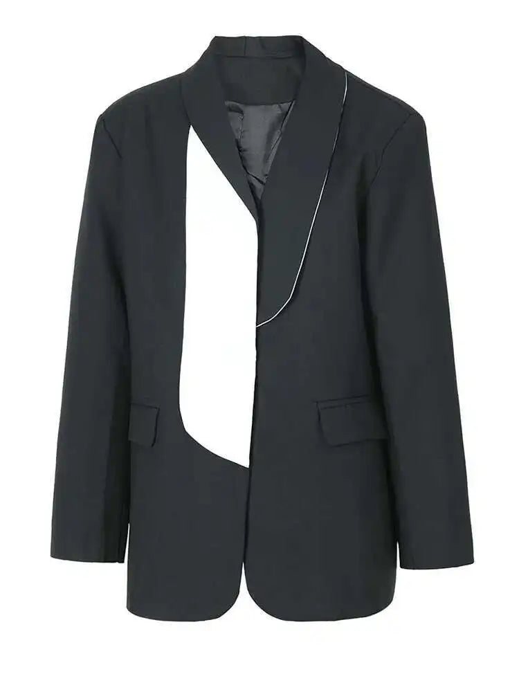 Women Black Color-block Big Size Blazer New Lapel Long Sleeve Loose Fit Jacket Fashion Tide Spring Autumn 2025 1DF3285