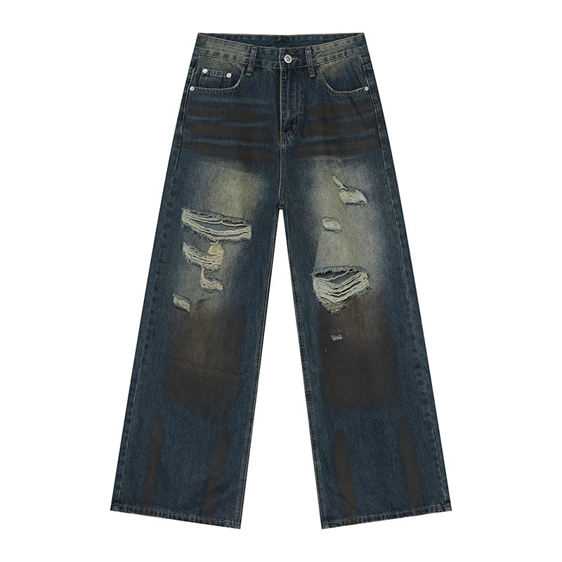 High Street Men's Denim Pants New Worn-out Contrast Color Wide Leg Jeans Hole Straight Personailty Male Trousers 9W1839