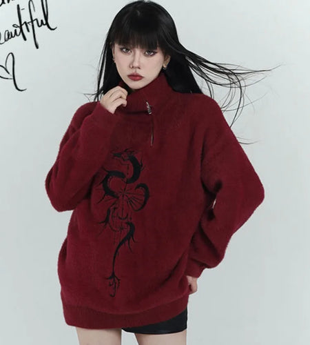 Streetwear Red Zipper Grunge Sweaters Y2k Aesthetic Loose Casual Vintage Printing Pullovers Women Oversized Harajuku Jumpers