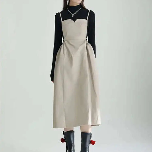 Load image into Gallery viewer, Women Apricot PU Leather Big Size Spaghetti Strap Dress New Square Collar Loose Fit Fashion Spring Autumn 2025 1DF4804
