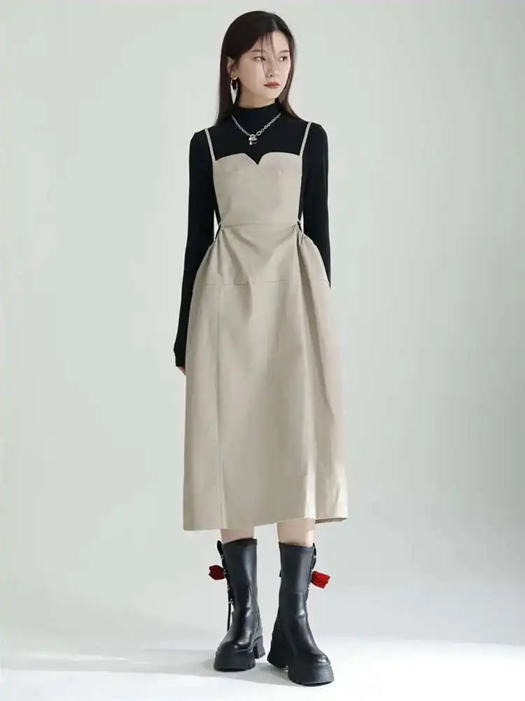 Women Apricot PU Leather Big Size Spaghetti Strap Dress New Square Collar Loose Fit Fashion Spring Autumn 2025 1DF4804