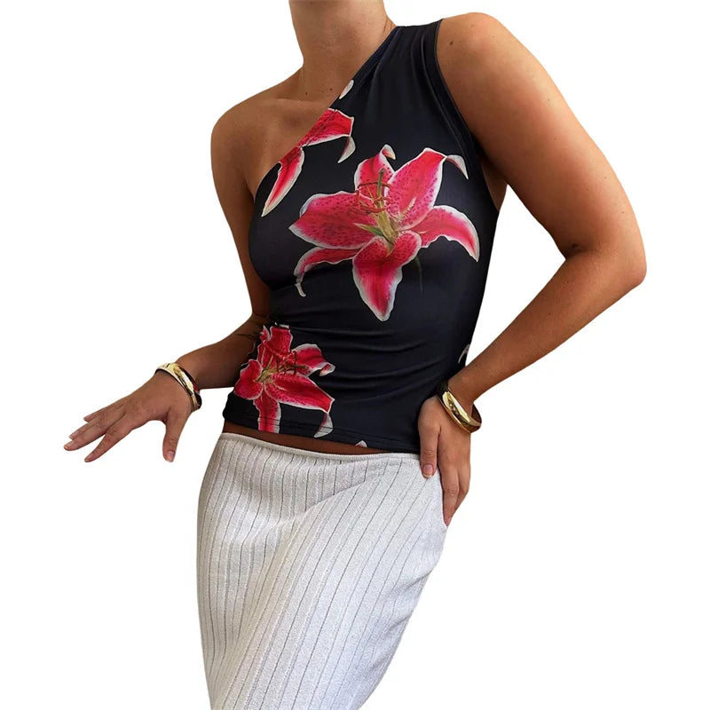 One Shoulder Tank Top for Women Floral Print Sleeveless Backless Vest Cropped T Shirt y2k Aesthetic Clothing Streetwear