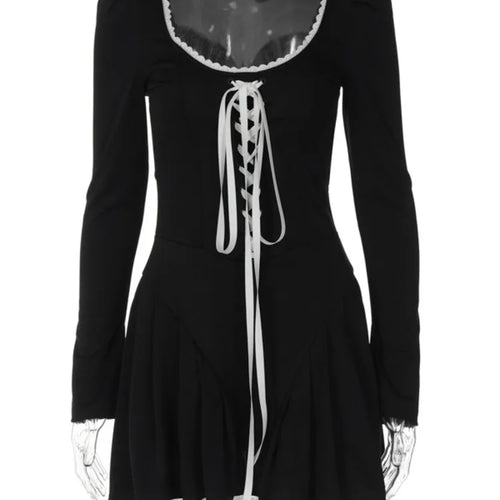 Load image into Gallery viewer, Lace Bandage Puff Sleeve Mini Dress For Women 2023 Autumn Winter New Square Collar Ruched Dress Vintage Elegant
