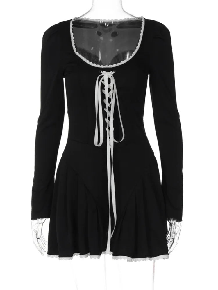 Lace Bandage Puff Sleeve Mini Dress For Women 2023 Autumn Winter New Square Collar Ruched Dress Vintage Elegant