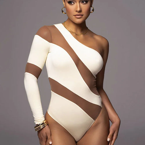 Load image into Gallery viewer, Sexy Stripe Long Sleeve Bodysuit Women One Shoulder Tight Elastic Female Bodysuit Casual Fashion Street Autumn New 2023
